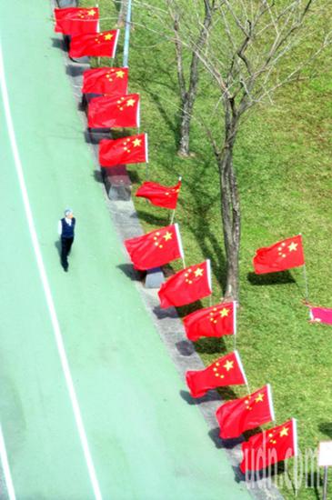 “中华爱国同心会”在民进党中央党部前的公园插满五星红旗。（台湾联合新闻网）